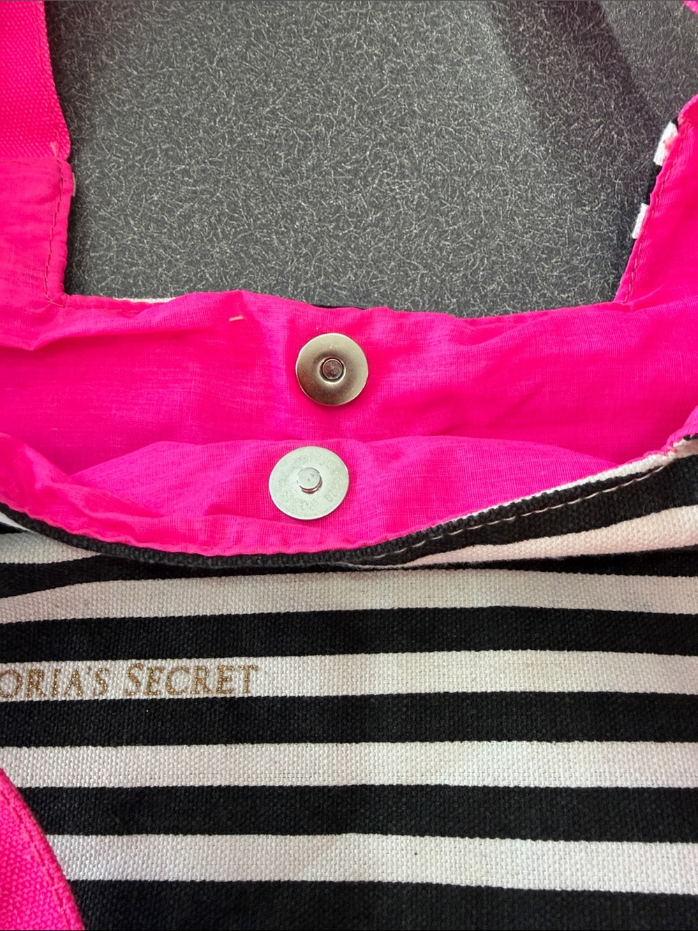 Victoria's Secret Black & White Striped Tote with Hot Pink Base and Handles - Picture 4 of 5